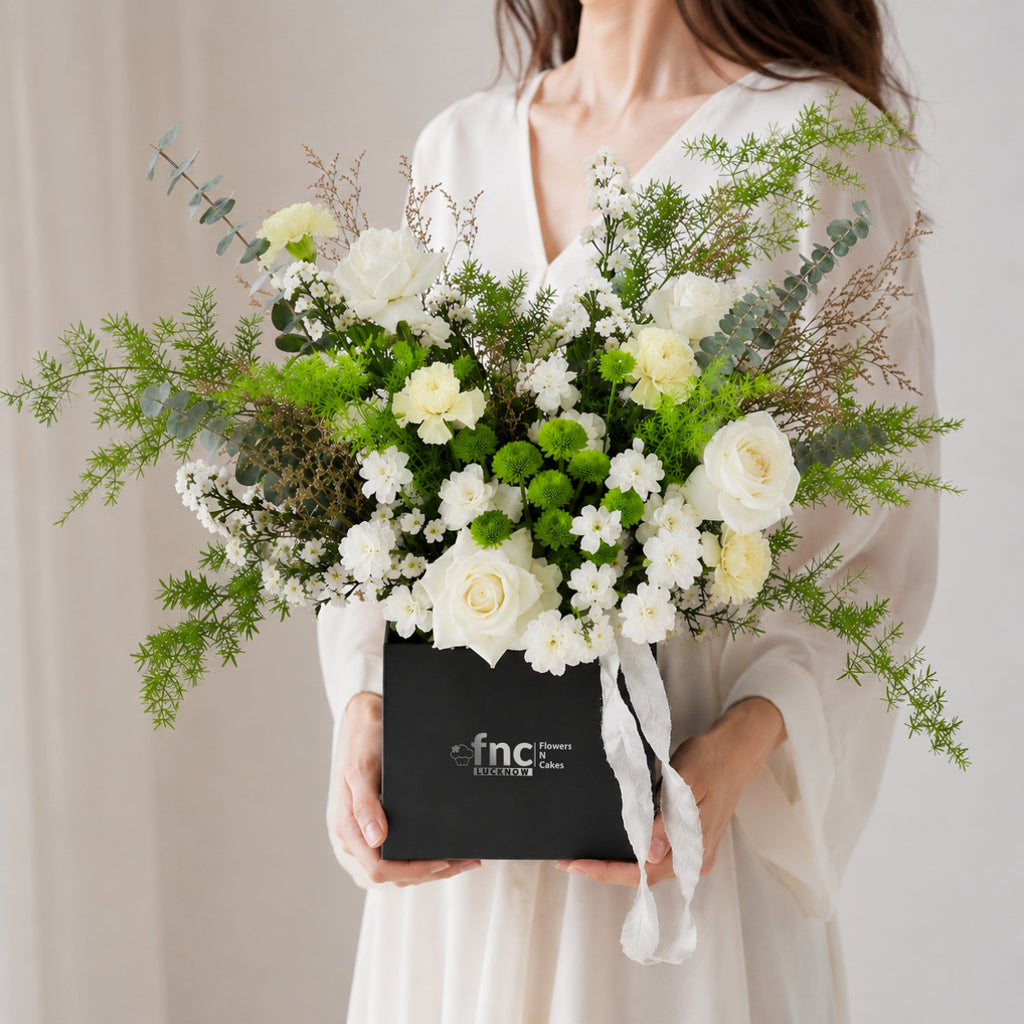 White and Green Floral Box Arrangement