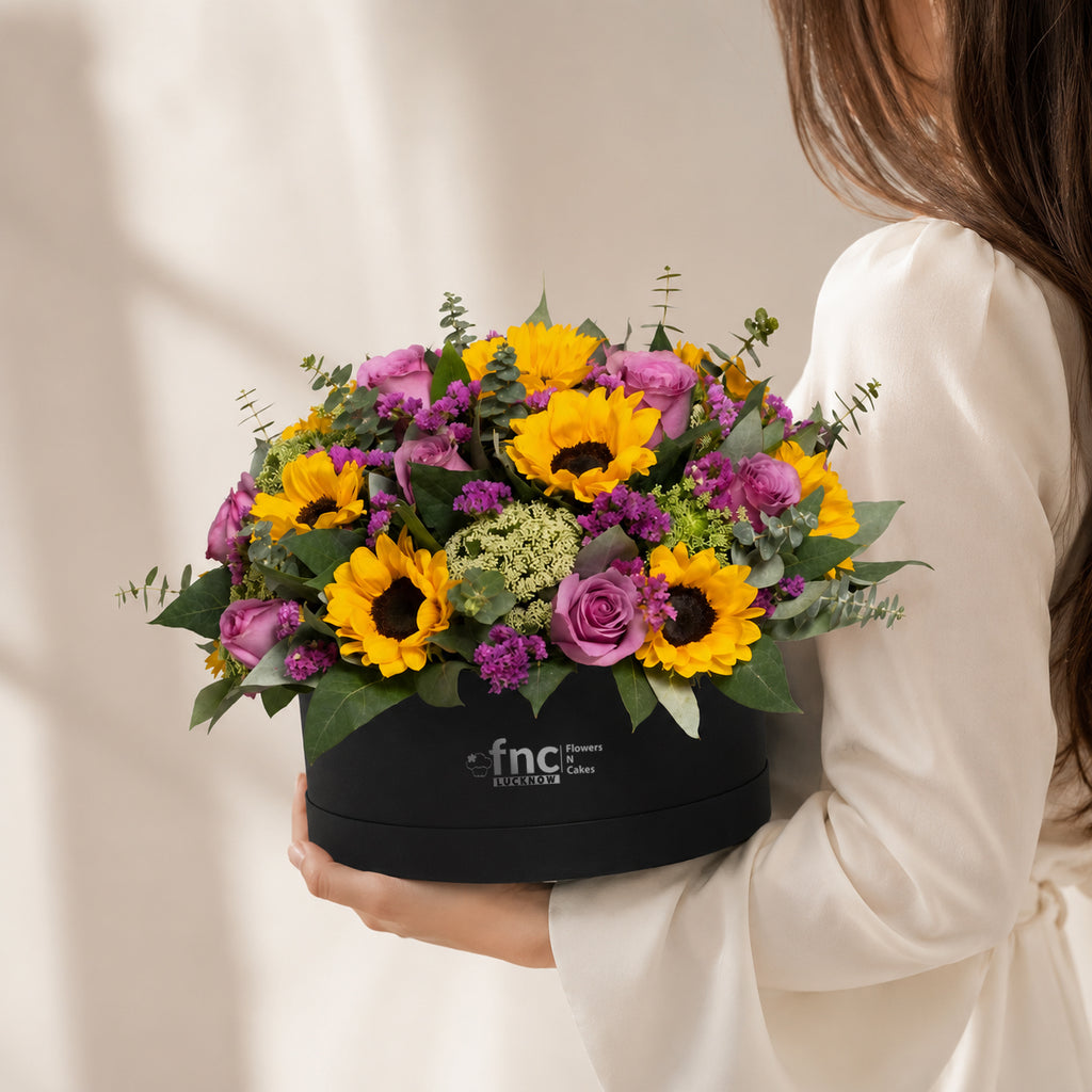 Sunflowers & Pink Roses Black Box