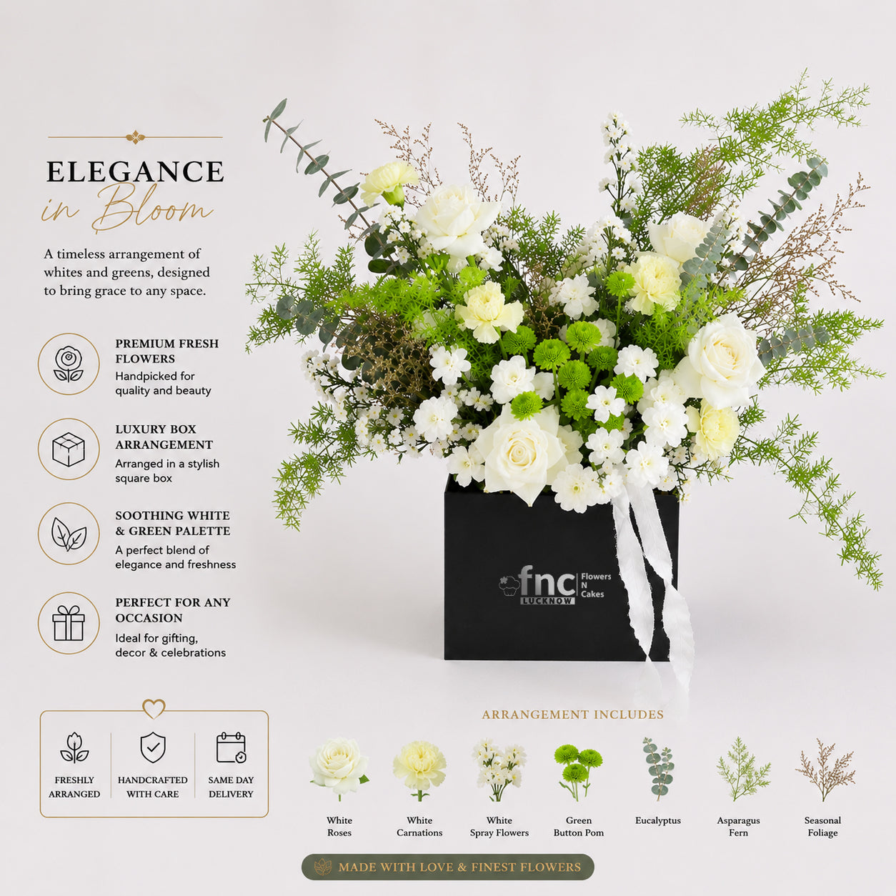 White and Green Floral Box Arrangement